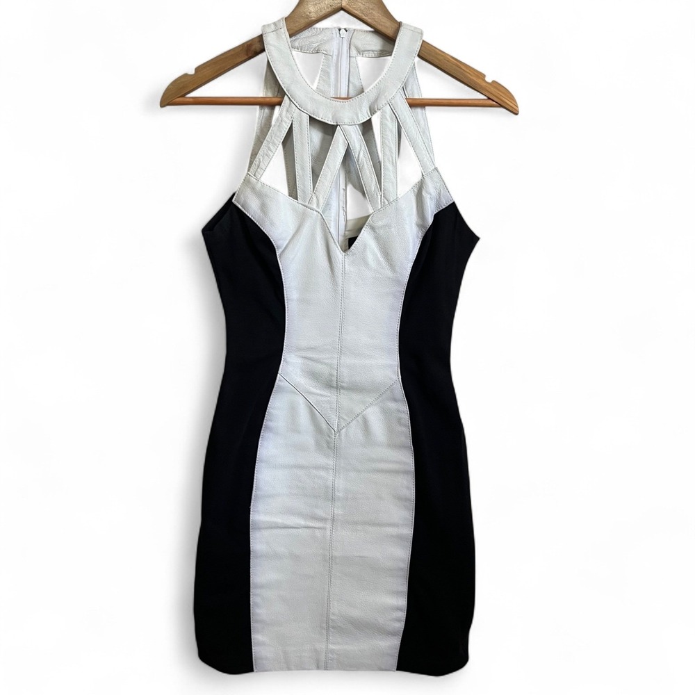 Wilsons Leather Two Tone Black White Mini Dress XS Genuine Leather Halter Cutout